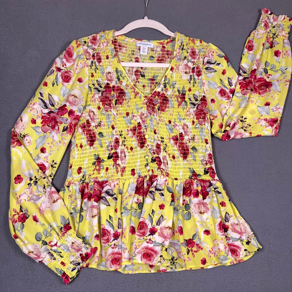 Carolina Belle Blouse Womens Medium Yellow Floral Smocked Peplum Long Sleeve Top